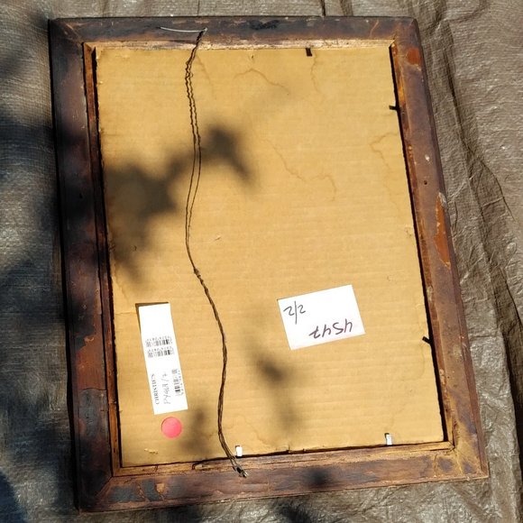 ANTIQUE BROWN STAINED WOOD FRAME WITH DISTRESSED GOLD INNER EDGE AND GLASS - Picture 6 of 6